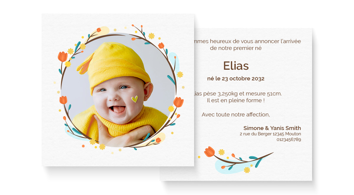 Annonce d'une naissance, couronne de fleurs avec photo de bébé.