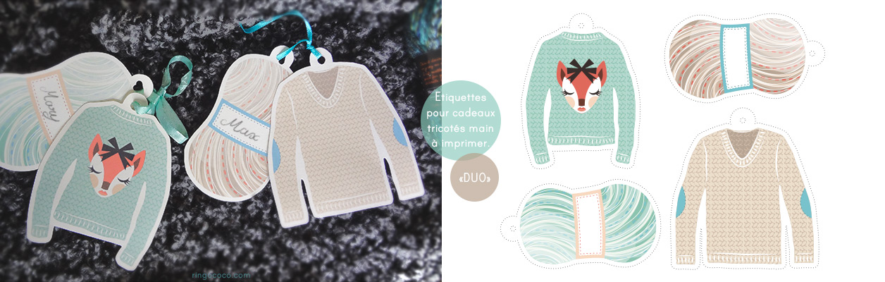 Illustration, étiquettes cadeaux en forme de tricot et de pelote de laine.