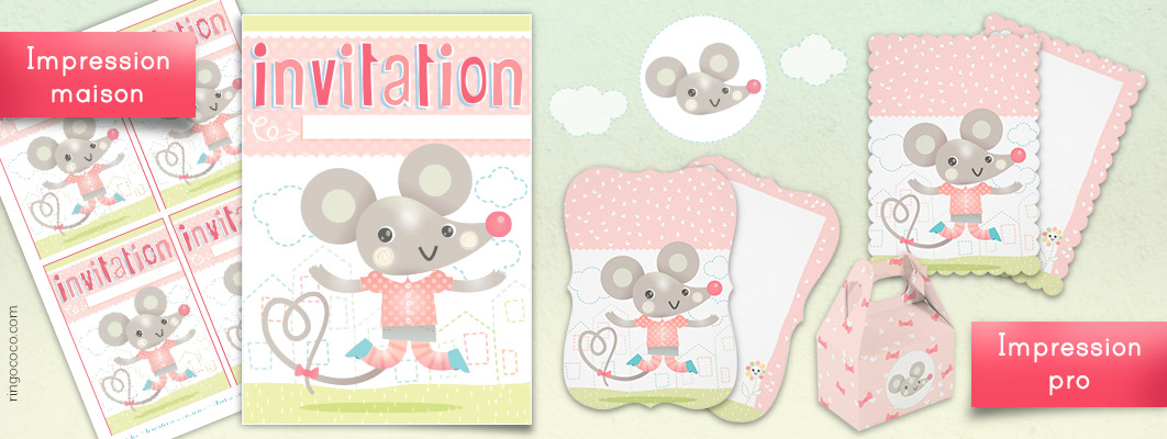 Le dessin d'une jolie petite souris décore ce carton d'invitation.